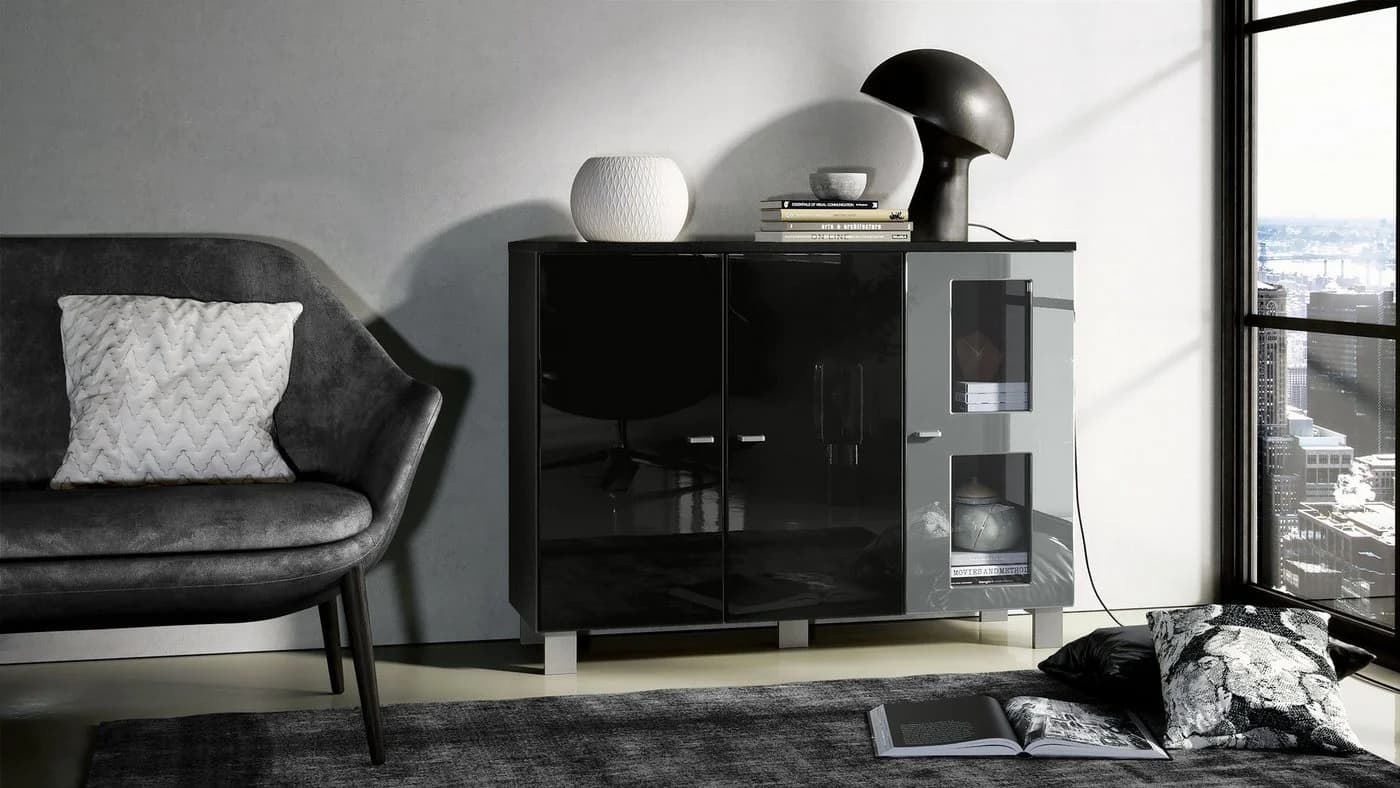 Vladon Denjo Kommode 3 Türen Schwarz matt Grau Hochglanz Modern
