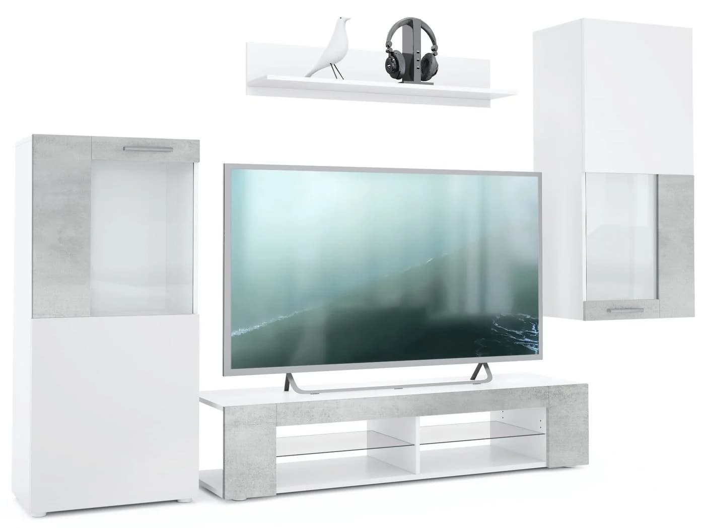 Vladon Wohnwand Movie TV-Board Vitrine Regal Weiß Grau