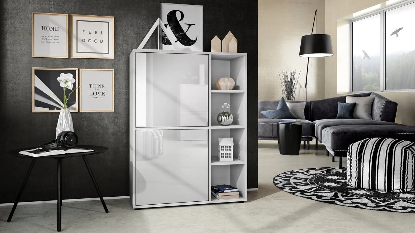 Vladon Highboard Cuba Weiß matt/Hochglanz mit 2 Türen und 4 Fächern