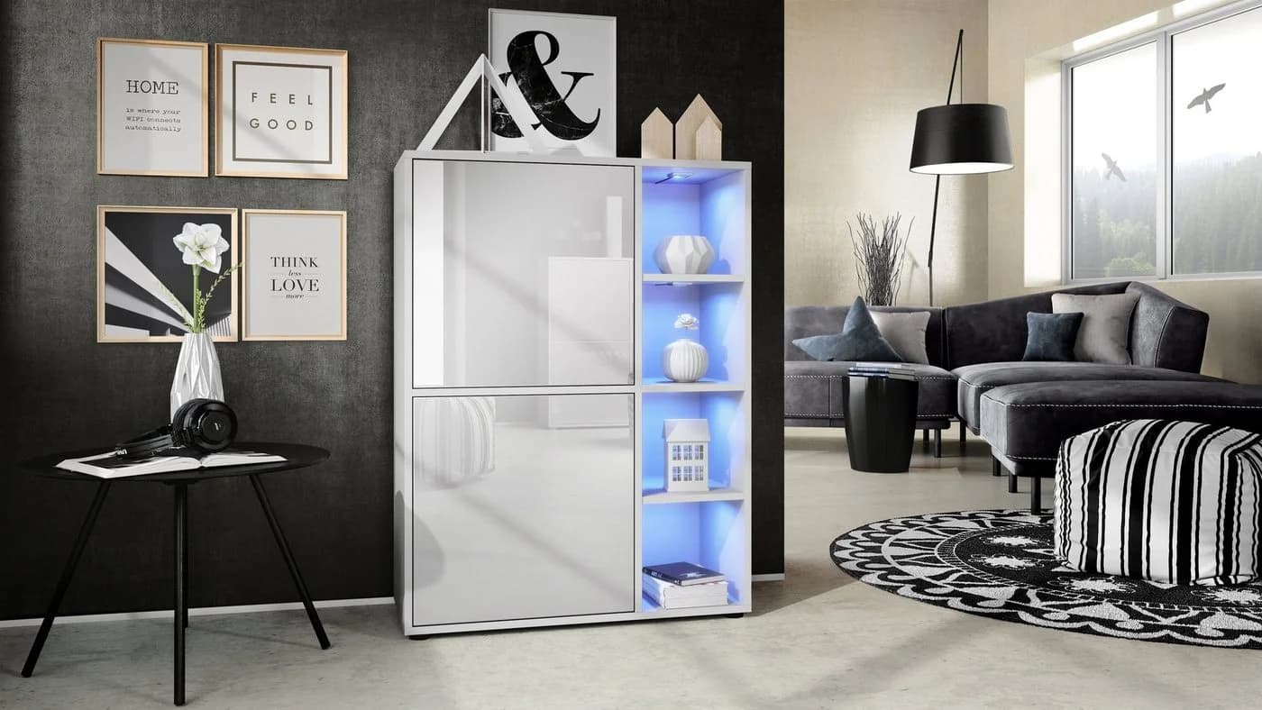 Vladon Highboard Cuba Weiß matt/Hochglanz mit LED & Push-to-Open