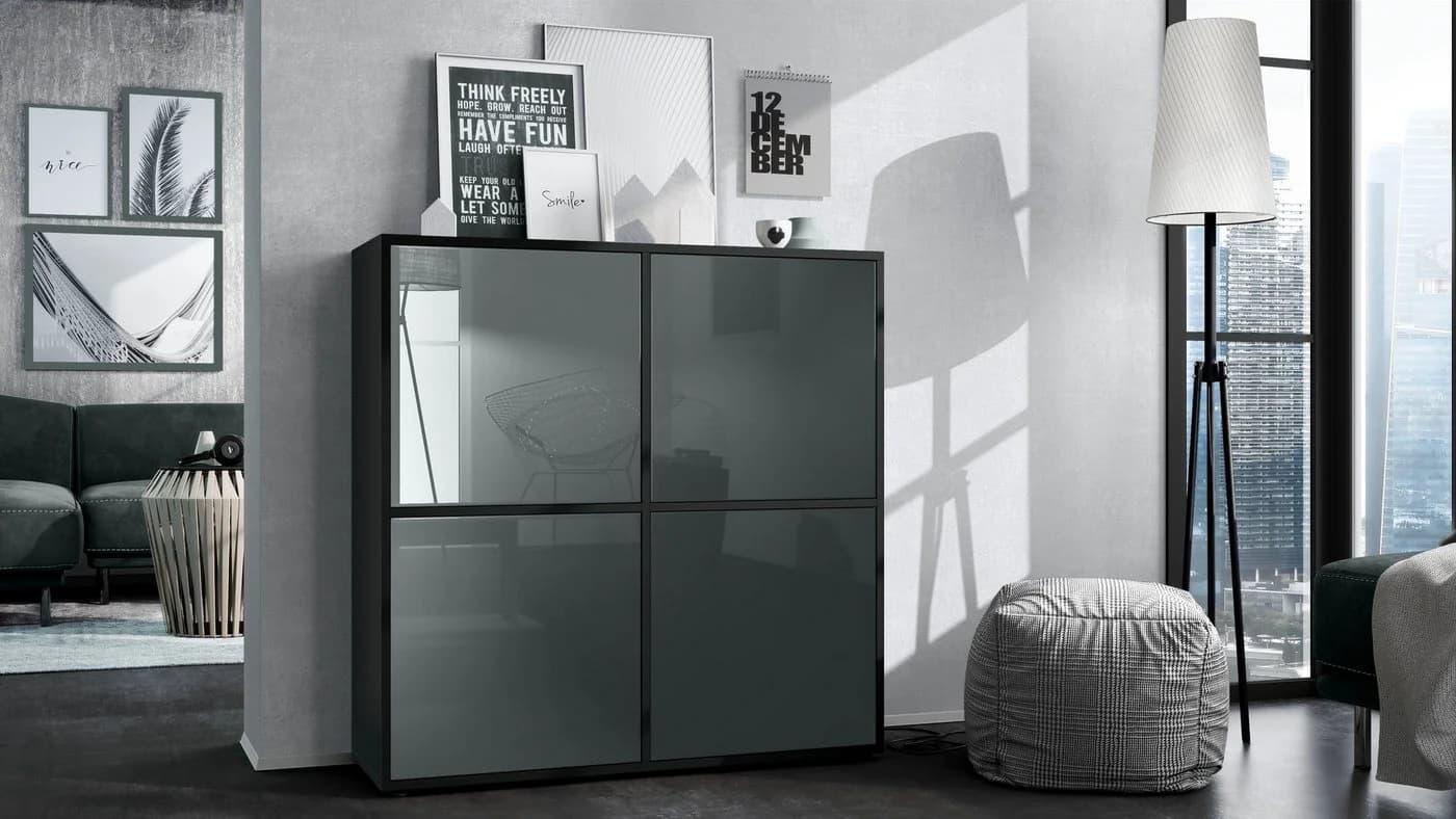 Vladon Highboard Cuba V2 Grau/Schwarz Push-to-Open