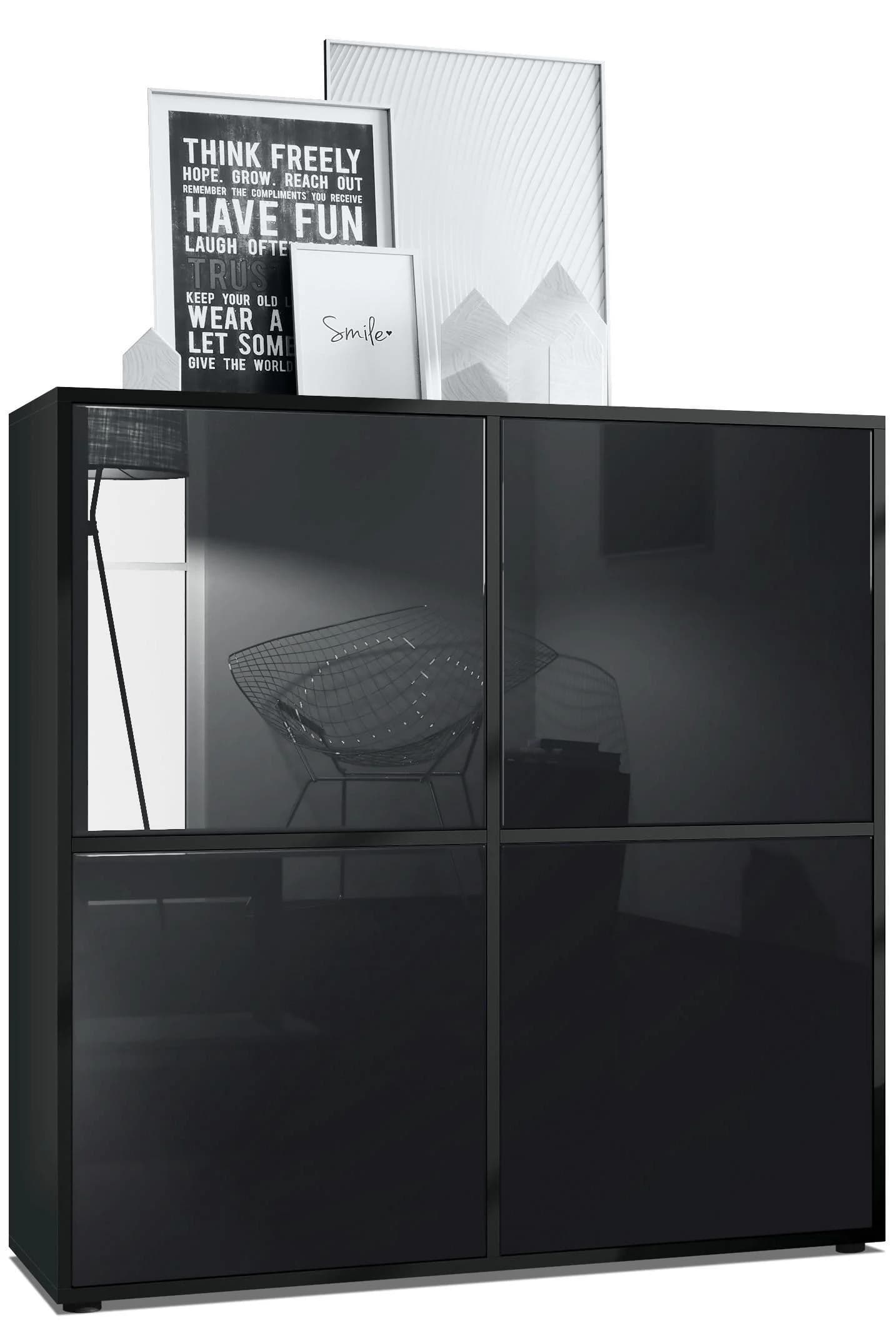 Vladon Highboard Cuba V2 Schwarz Hochglanz Push-to-Open