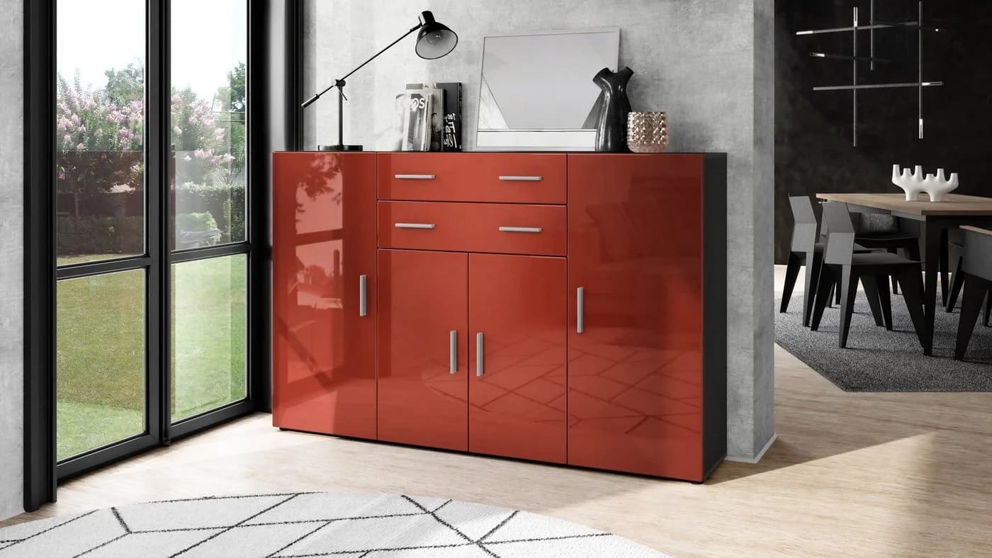 Vladon Highboard Aron 4 Türen 2 Schubladen Anthrazit Bordeaux