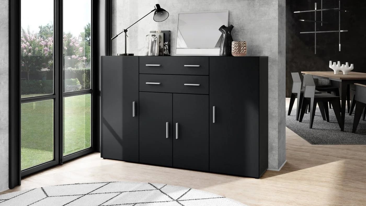 Vladon Highboard Aron Schwarz Matt 4 Türen 2 Schubladen