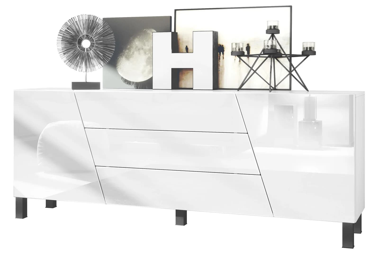 Vladon Sideboard Houston Kommode mit 2 Türen und 3 Schubladen Weiß matt/Weiß Hochglanz