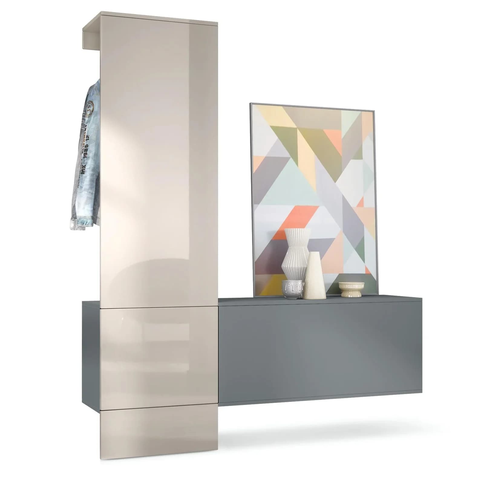 Vladon GARDEROBE Carlton Paneel Sandgrau Hochglanz
