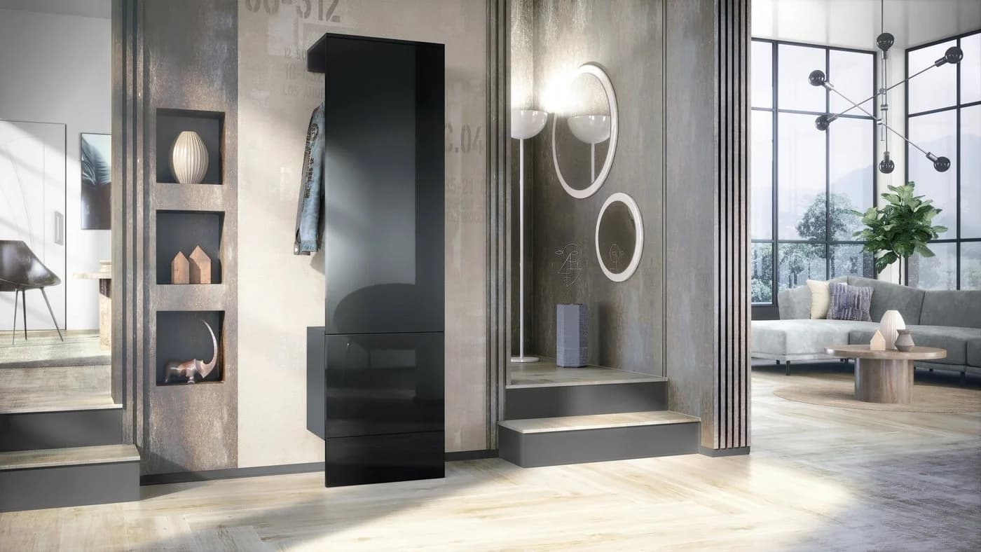 Vladon Wandgarderobe Carlton Set 5 Anthrazit Schwarz Hochglanz mit Push-to-Open