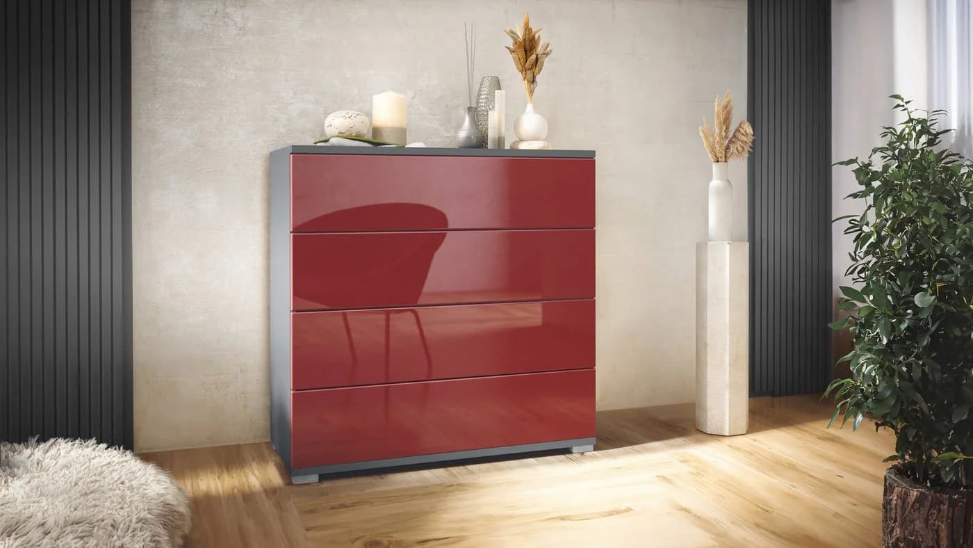 Vladon Kommode Pavos V3 mit 4 Schubladen Anthrazit/Bordeaux