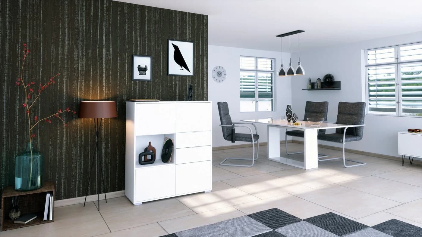 Vladon Highboard Milano V1 Weiß matt mit 4 Türen und 2 Schubladen