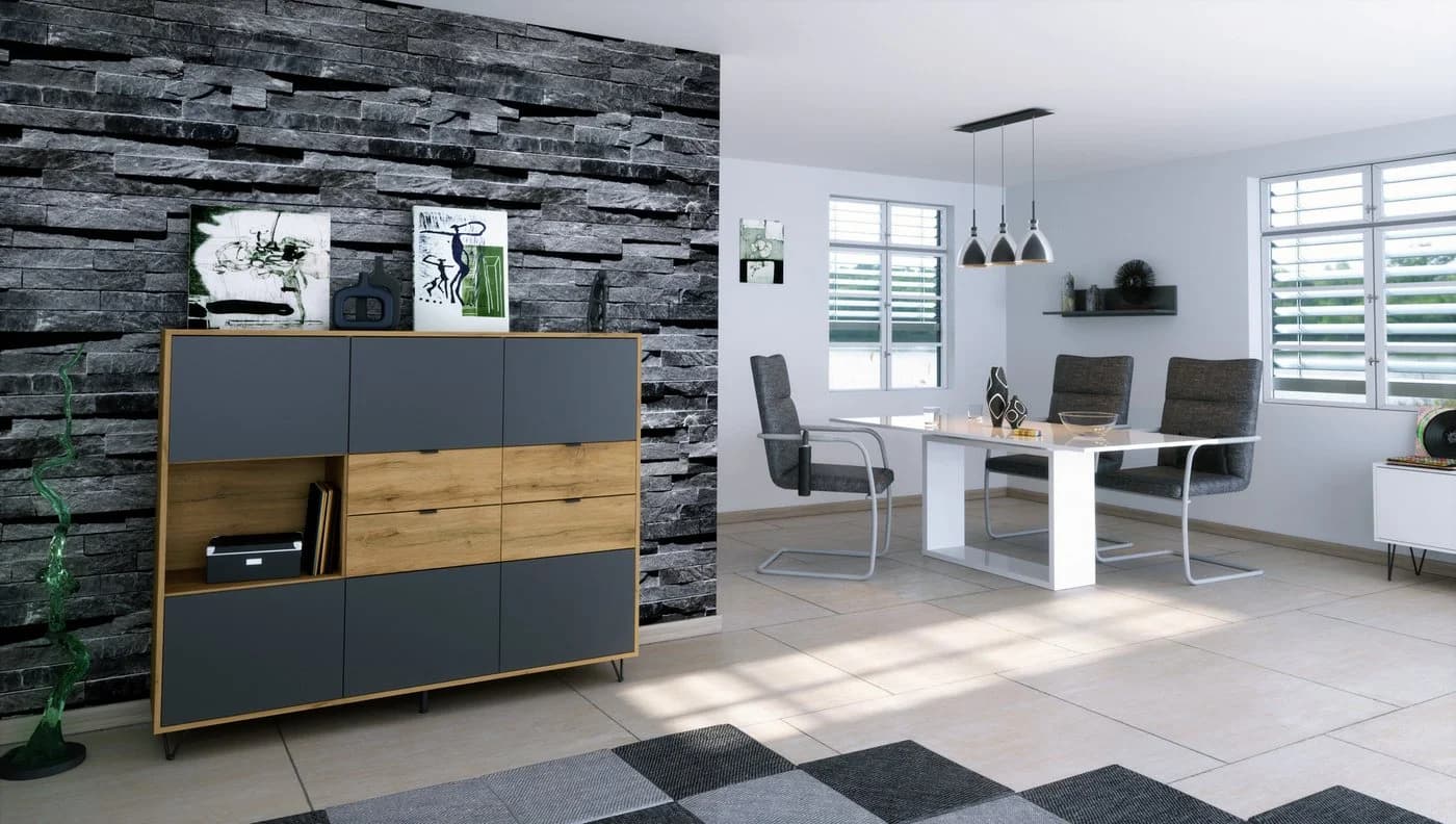 Vladon Highboard Marino Anthrazit matt Eiche Evoke mit LED