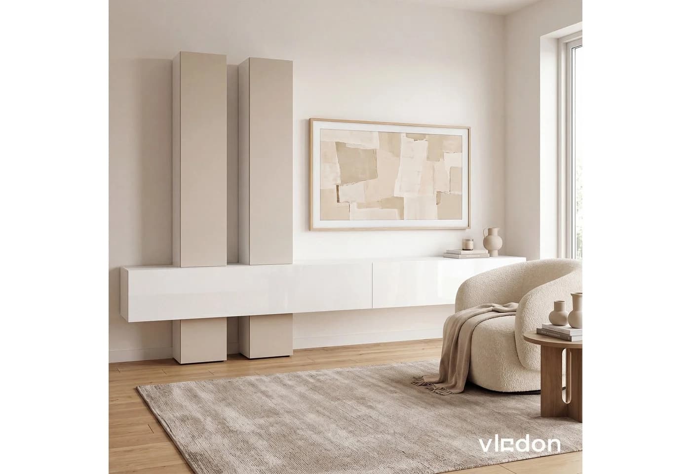 Vladon Wohnwand Moja Anbauwand Weiß/Cashmere mit 4 Türen und 2 Klappen