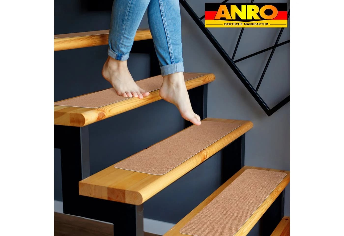 ANRO Stufenmatte NEMESIS Treppenschutz Rechteck Selbsthaftend Grau Schwarz