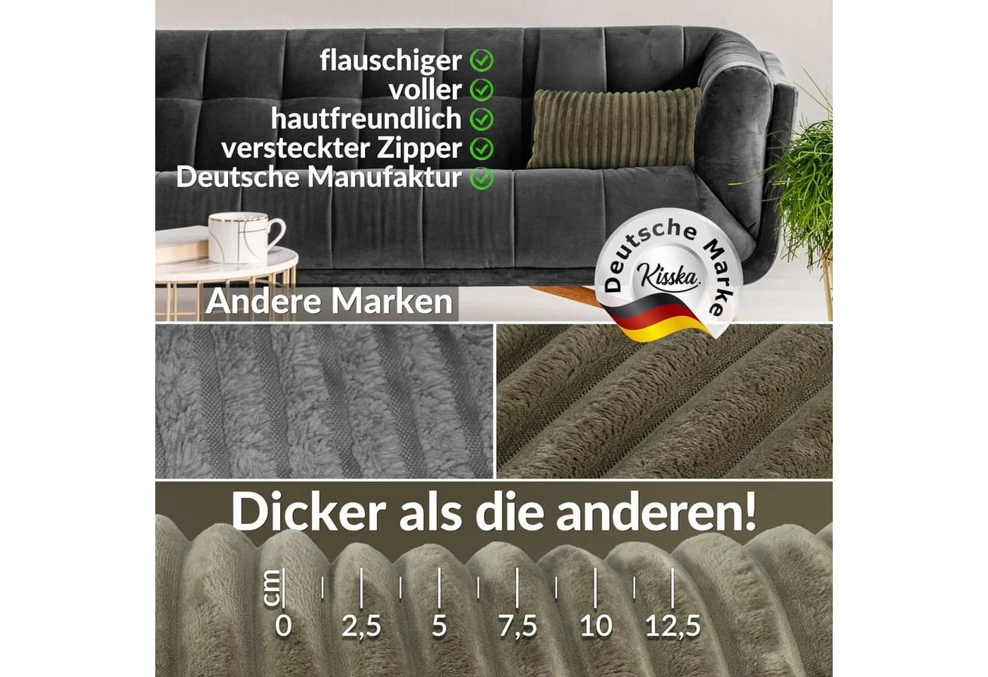 Kisska Dekokissen LILLI BIG CORD Velour Olivengrün 50x30cm