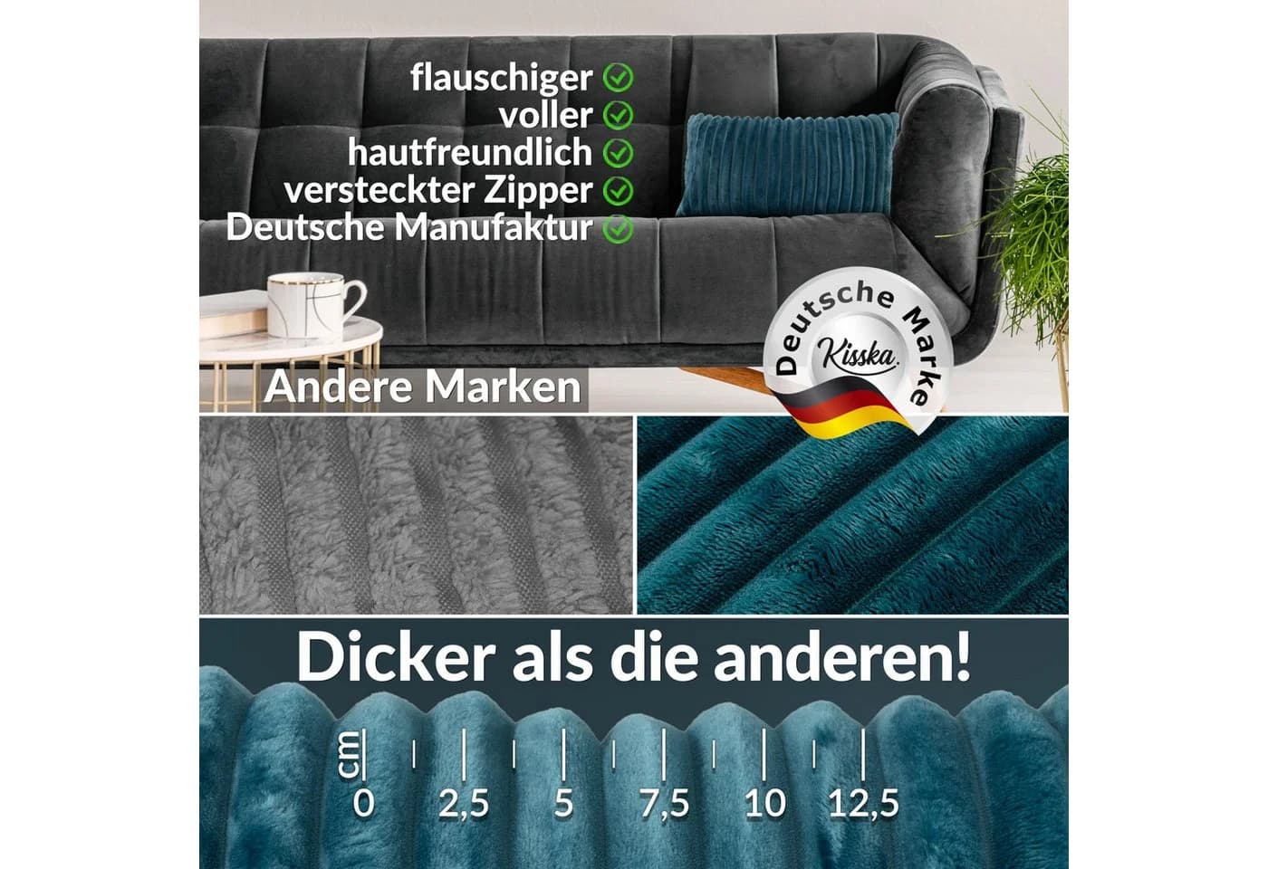 Kisska Dekokissen LILLI BIG CORD Velour Türkis 50x30cm