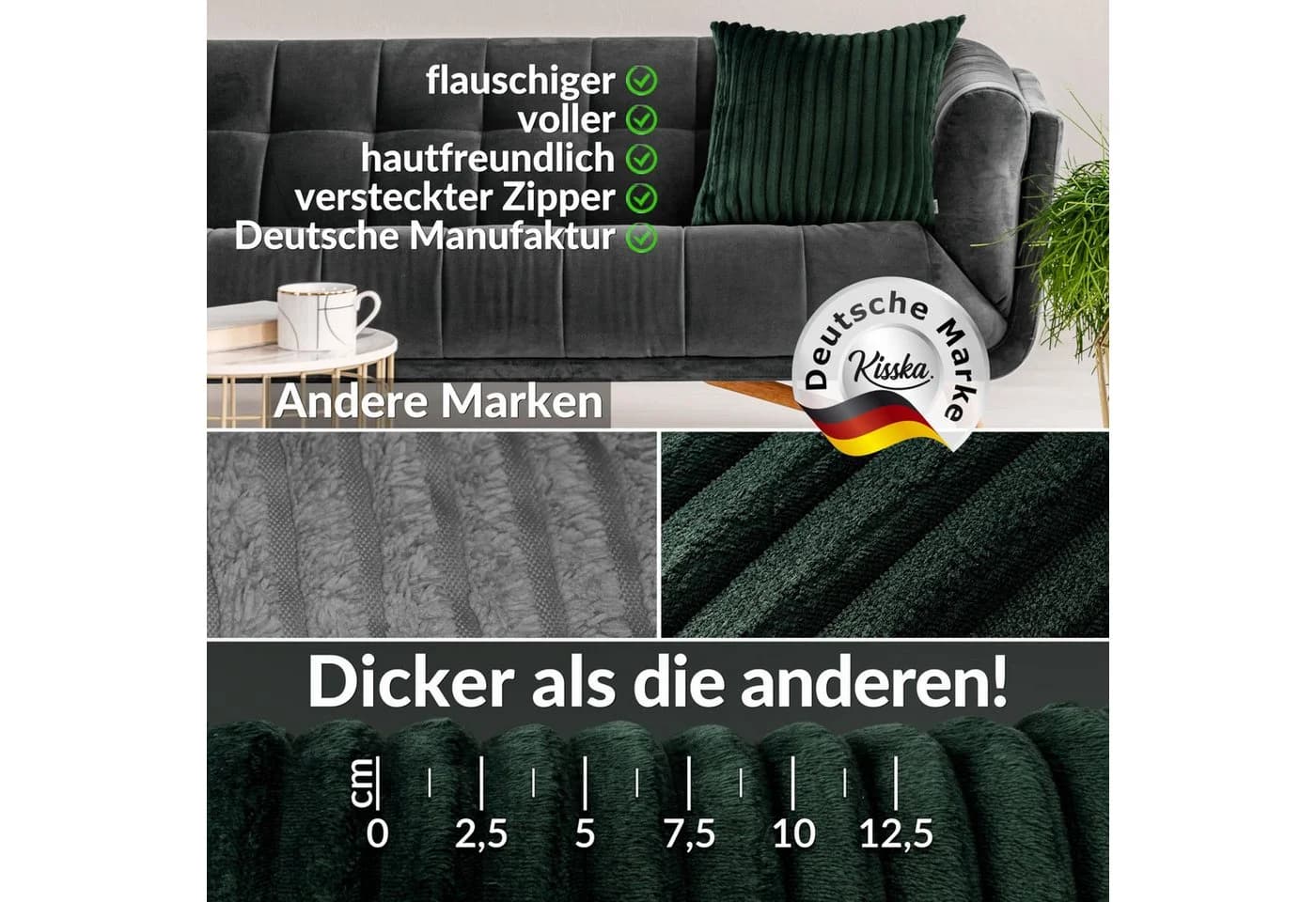 Kisska Dekokissen LILLI BIG CORD Velour Smaragd 40x40cm