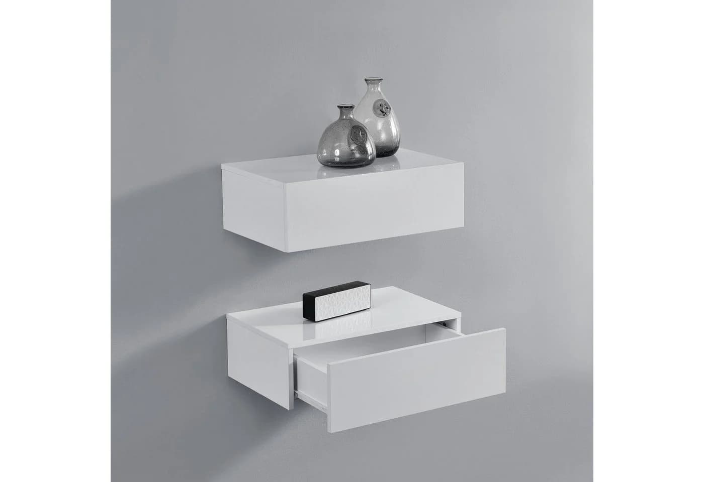 en.casa Wandregal 2er-Set Oslo Weiß Hochglanz mit Schublade