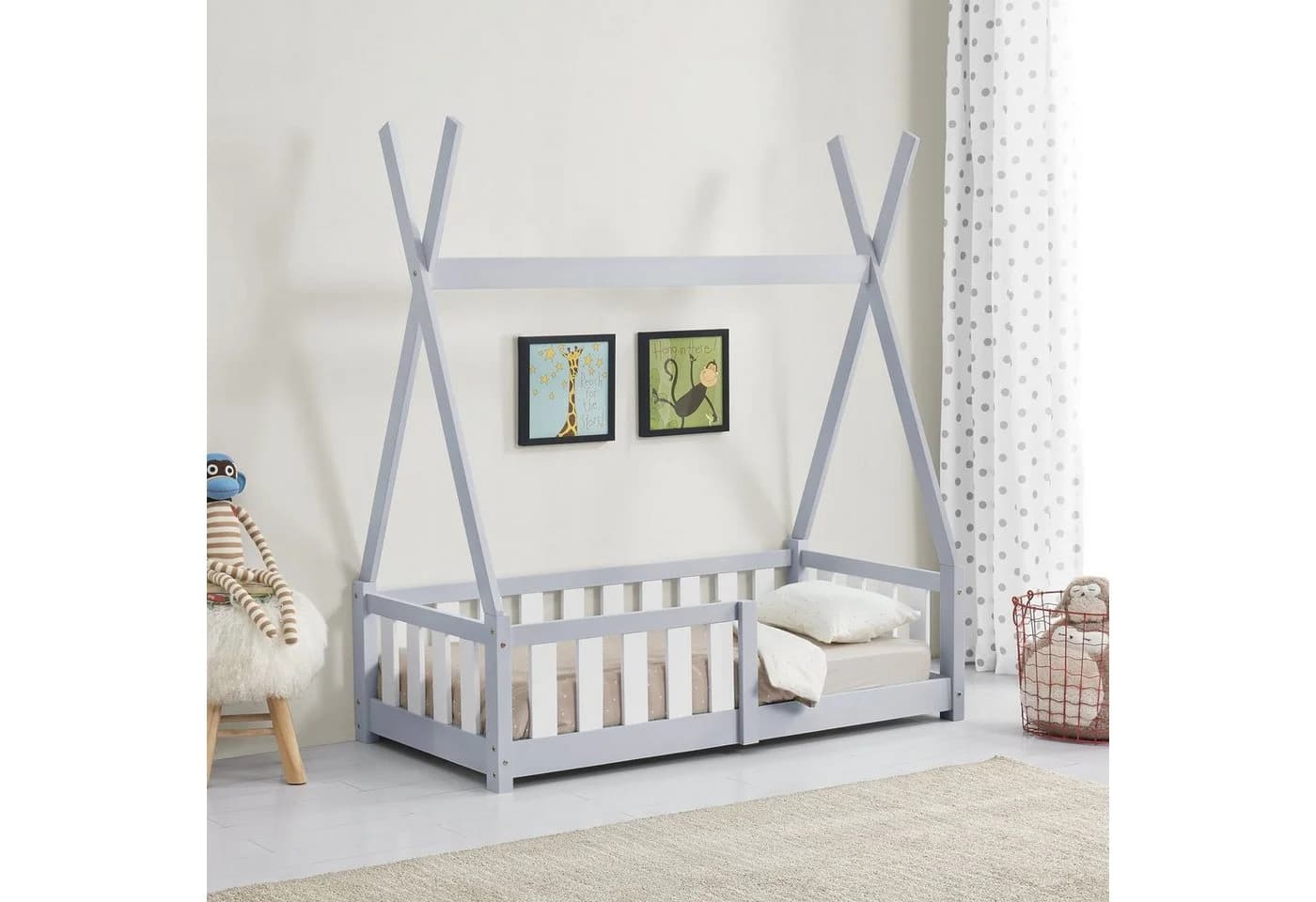 en.casa Kinderbett Helsingborg Kiefernholz 70x140 cm Hellgrau