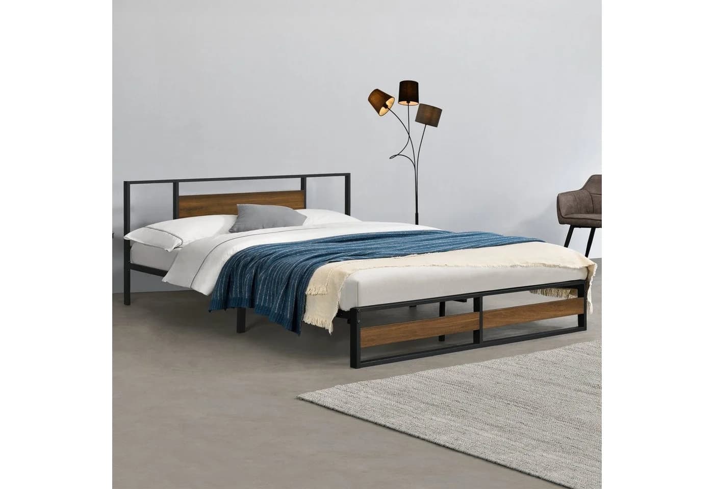 en.casa Metallbett Villach Stahlrahmen Schwarz Walnuss-Optik
