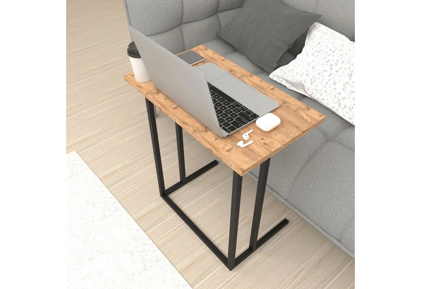 en.casa Laptoptisch Beistelltisch C-Form Eiche Schwarz