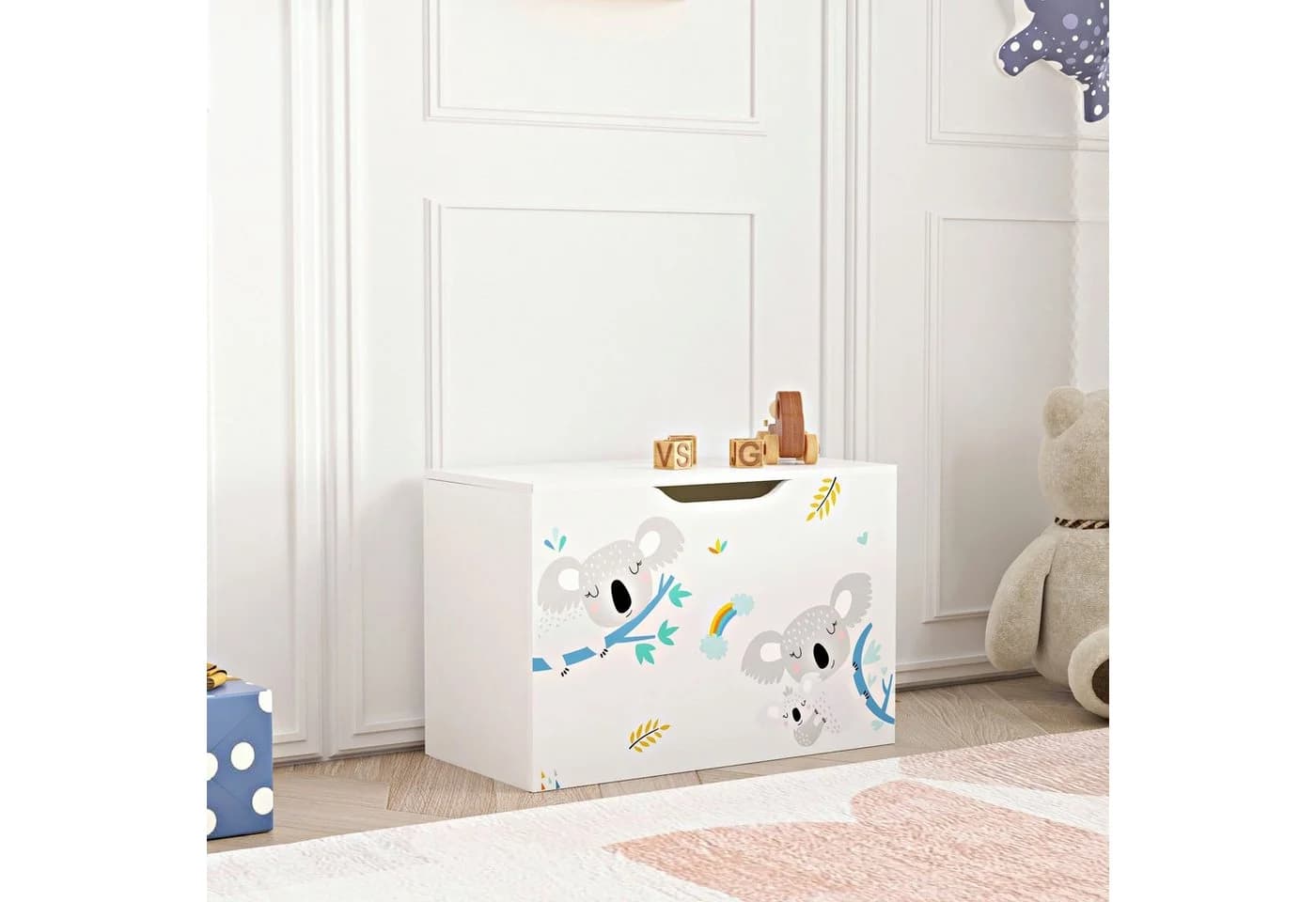 en.casa Spielzeugtruhe Oleiros Koala-Motiv Weiß/Blau/Grau