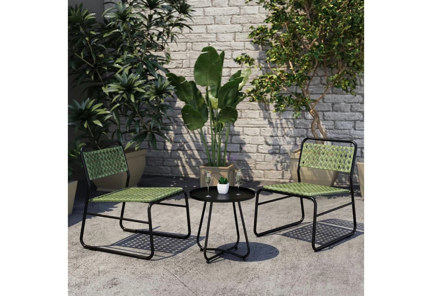 casa.pro Bistro-Set 3-tlg. Grün Schwarz Poly Rattan Stahl