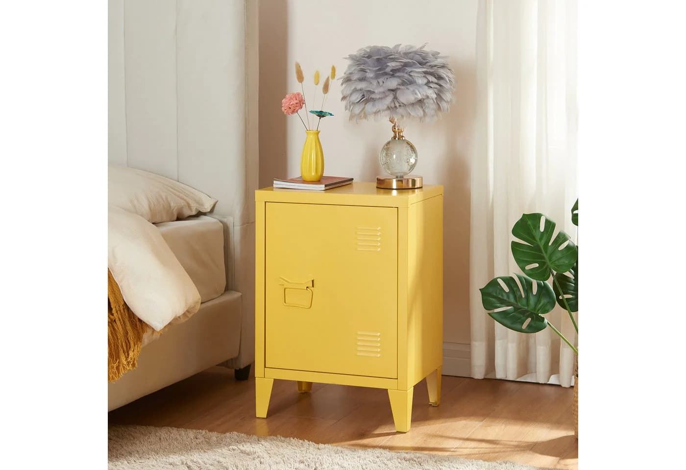 en.casa Nachtschrank Inari Gelb Stahl mit Regalablage
