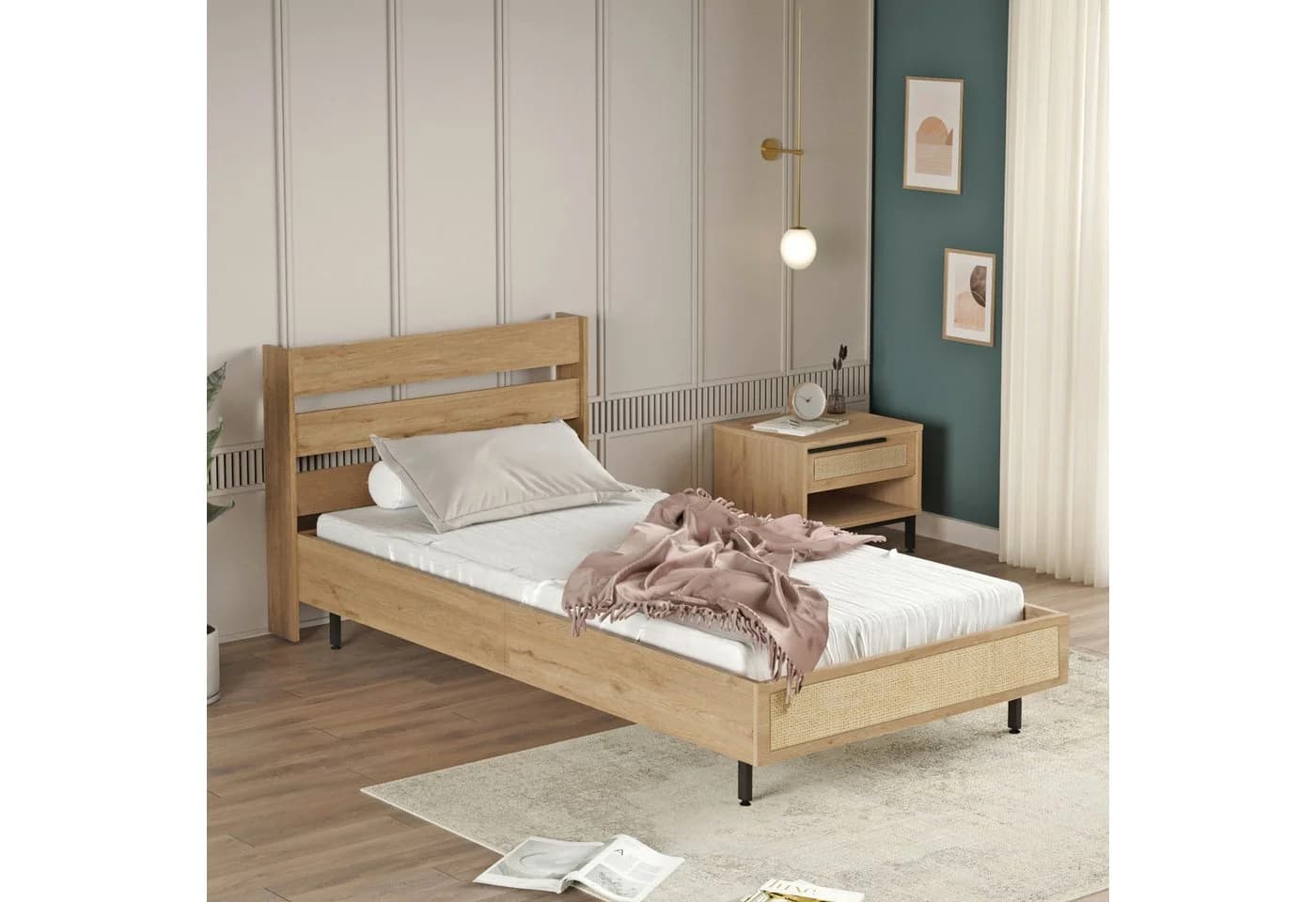 en.casa Einzelbett Kvænangen mit Lattenrost Eiche-/Rattan-Optik