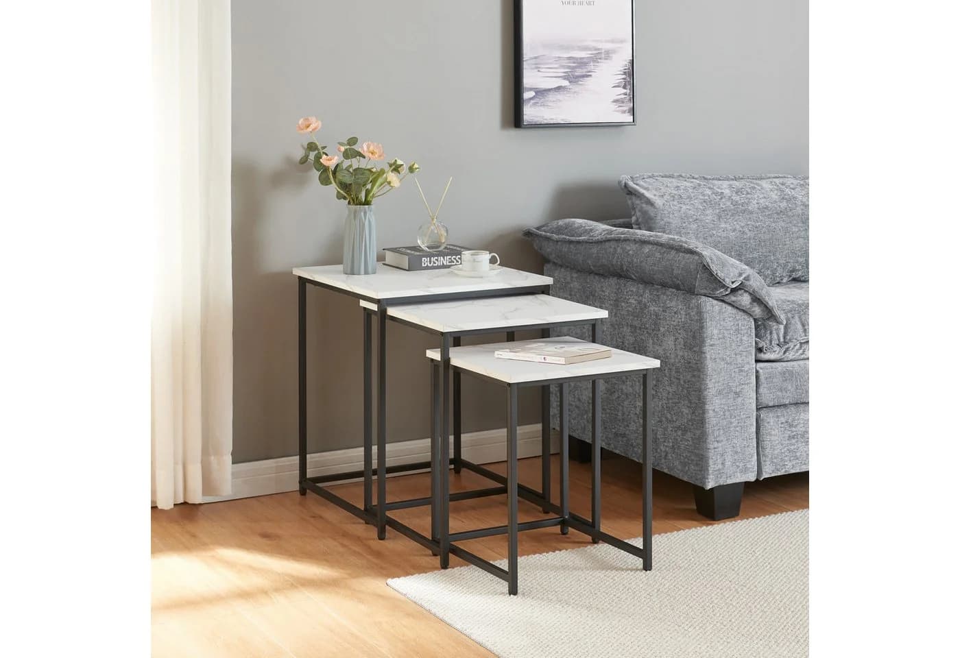 en.casa Satztisch Set 3-tlg. Marmoroptik Weiß Schwarz Modern