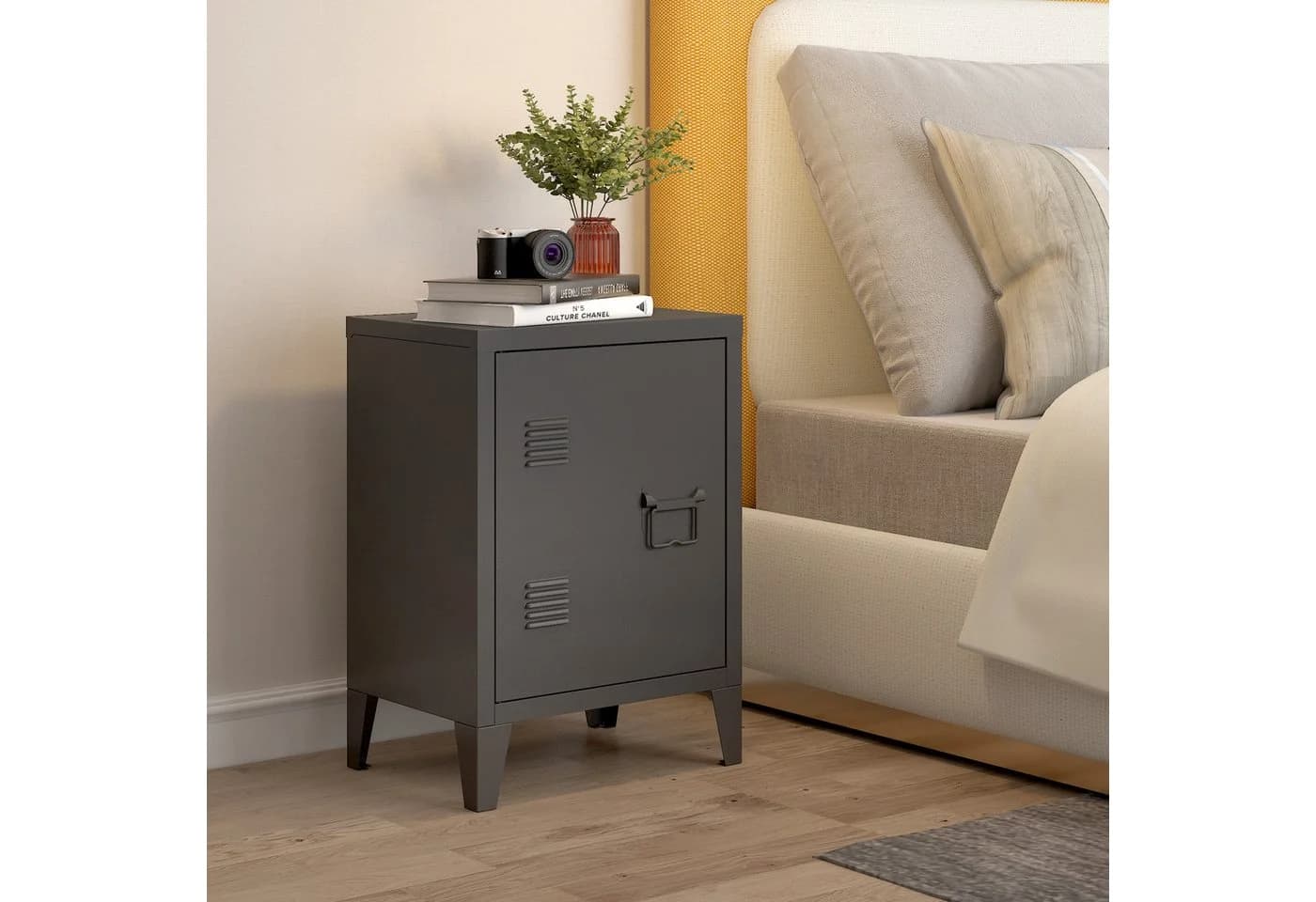 en.casa Nachtschrank »Inari« mit Türgriff rechts Stahl Schwarz