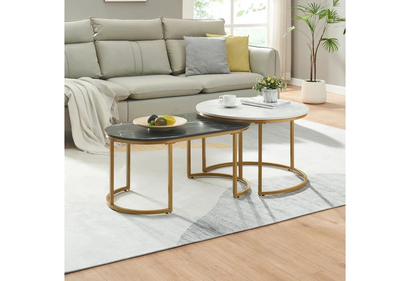 en.casa Satztisch 2er Set Marmoroptik Schwarz-Weiß Gold