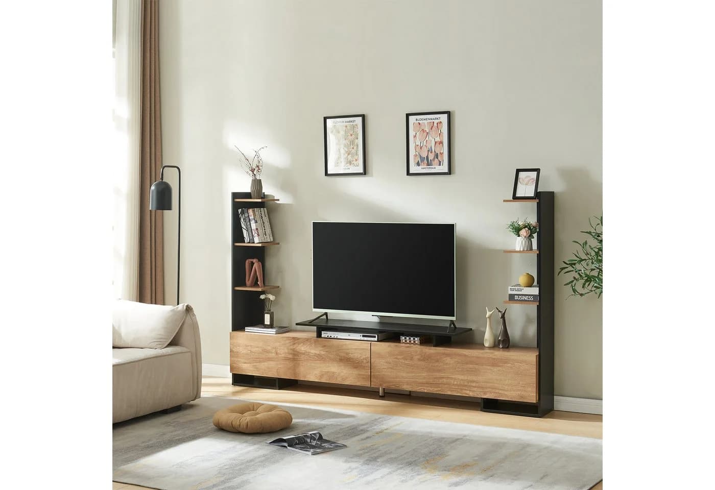 en.casa TV-Schrank Rauki Schwarz/Mango-Holzoptik