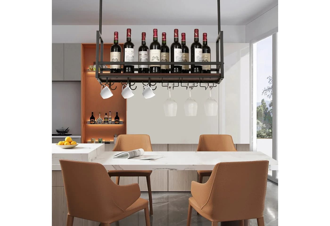 en.casa Weinregal mit Glashalterung und Doppelhaken Schwarz/Walnussoptik