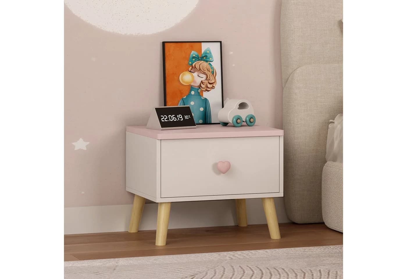 en.casa Nachttisch Sandnes Weiß/Rosa mit 1 Schublade