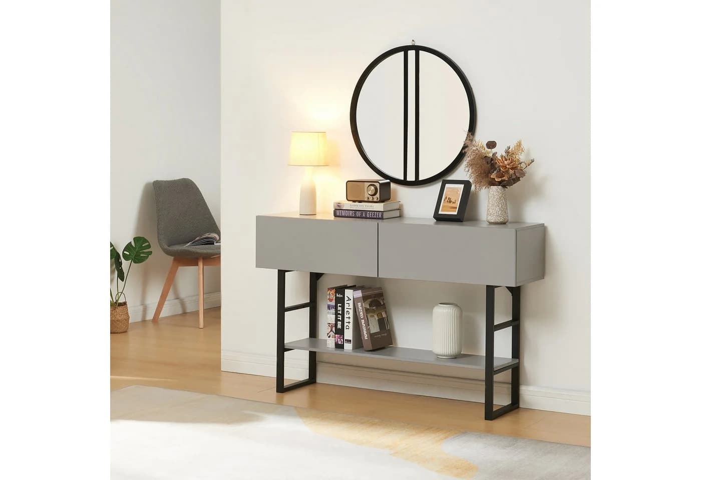en.casa Konsolentisch Varberg 2 Schubladen Hellgrau Metallgestell