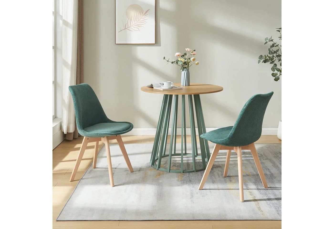 en.casa Esszimmerstuhl 2er-Set »Fläten« Cord Dunkelgrün Massivholz