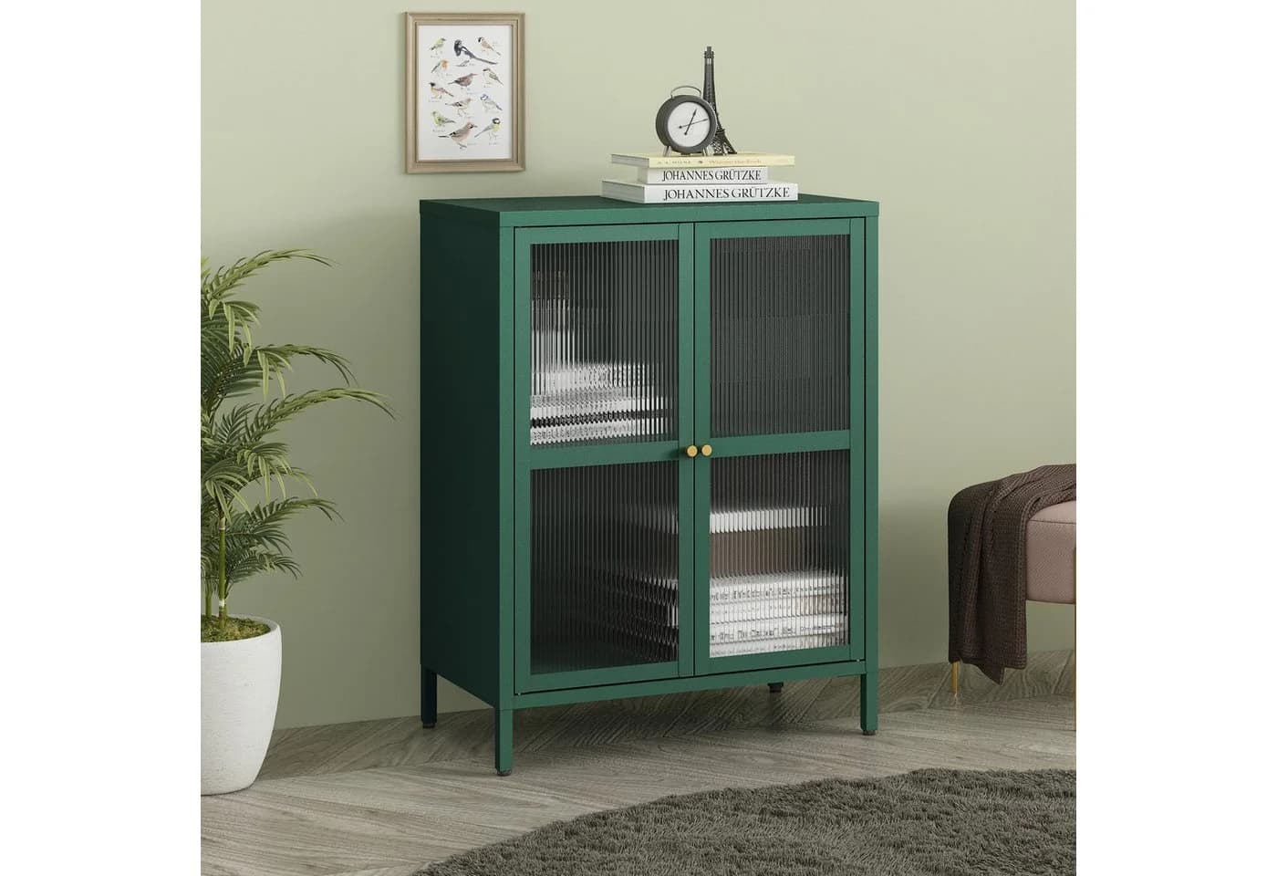 en.casa Sideboard Säkylä Stahl mit Glastüren Tannengrün