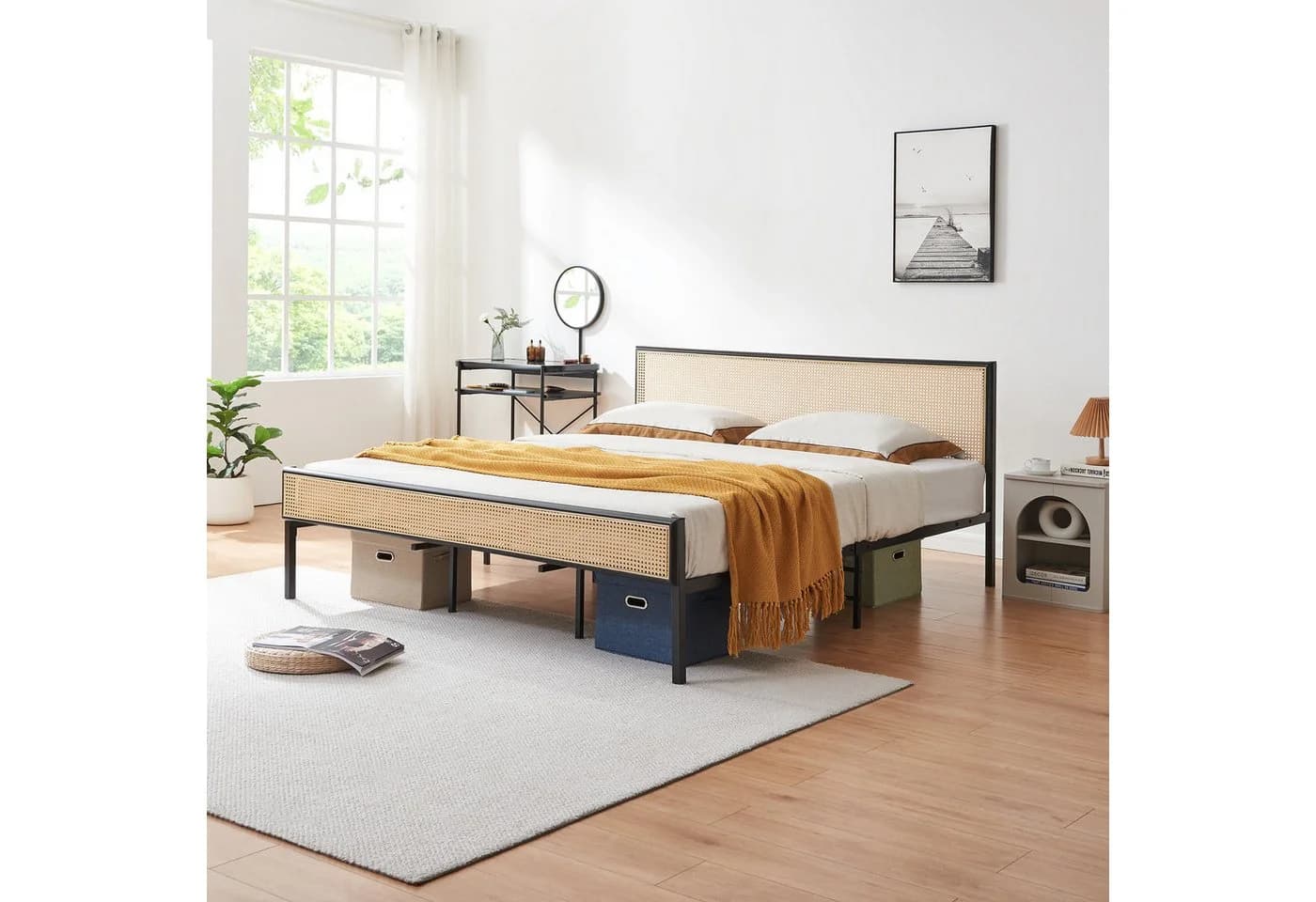 en.casa Metallbett »Linköping« Schwarz/Rattanoptik