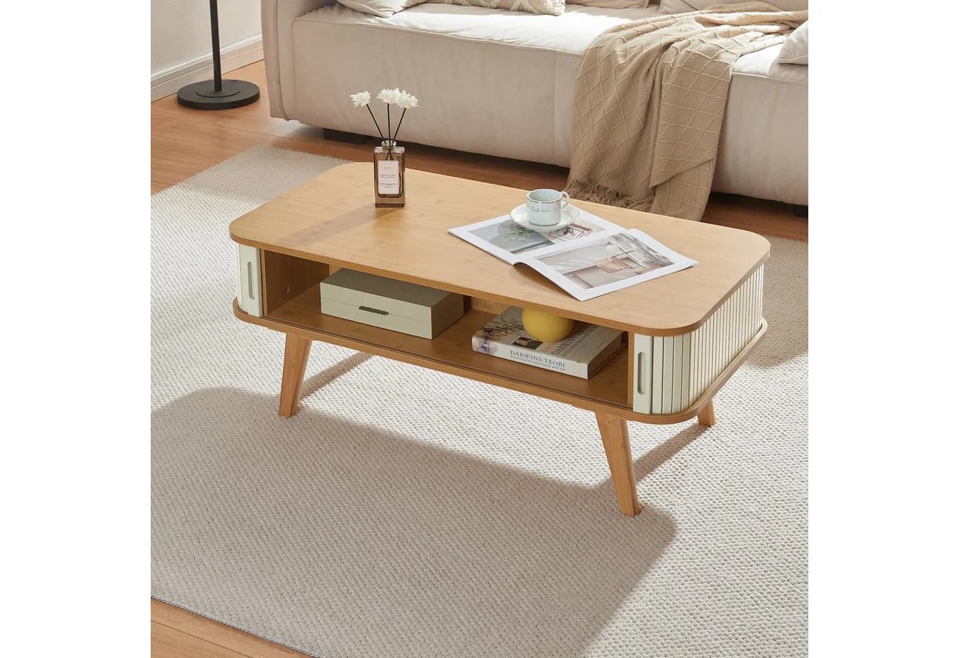 en.casa Couchtisch Tysvær mit 2 Schiebetüren 100x50x40 cm Bambus/Cremeweiß