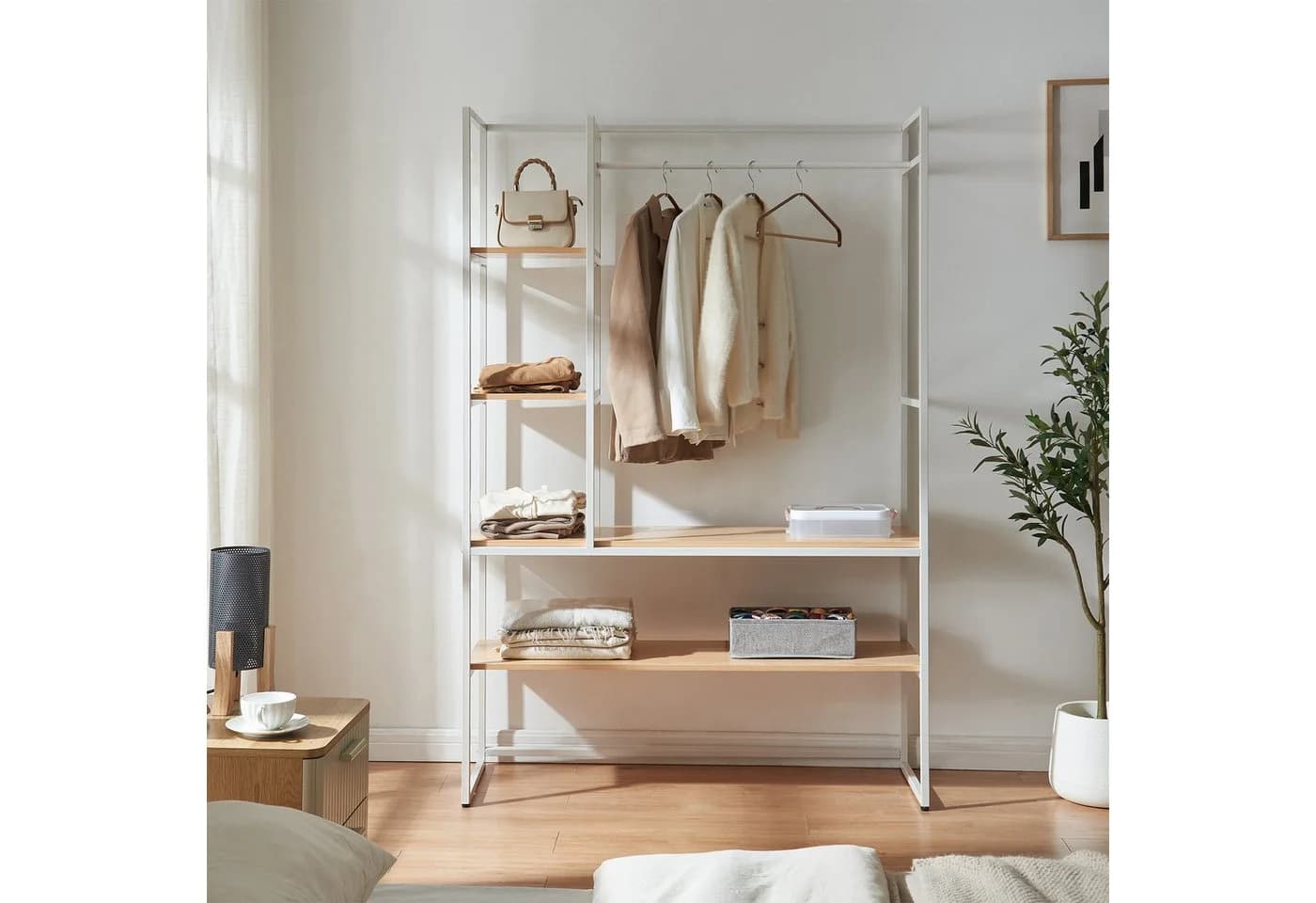en.casa Garderobenständer Horgau 1 Stange 5 offene Fächer 180x120x40cm Weiß/Eiche