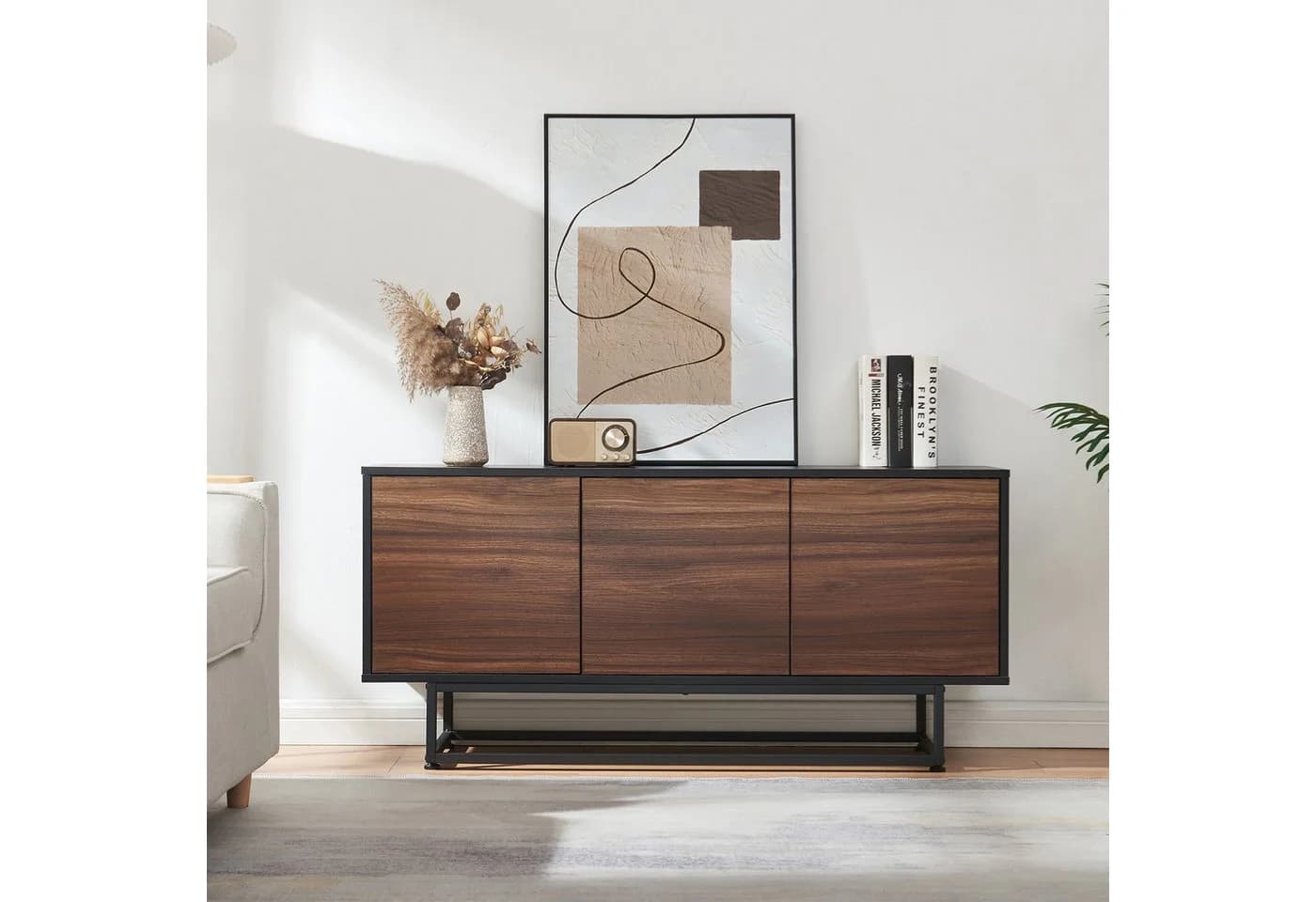 en.casa Sideboard Boxholm mit 3 Türen Schwarz/Walnussoptik