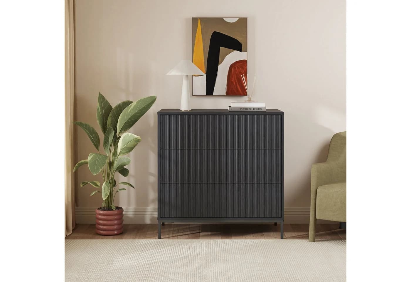 en.casa Kommode Nykapin Schwarz mit 3 Schubladen Push-to-Open