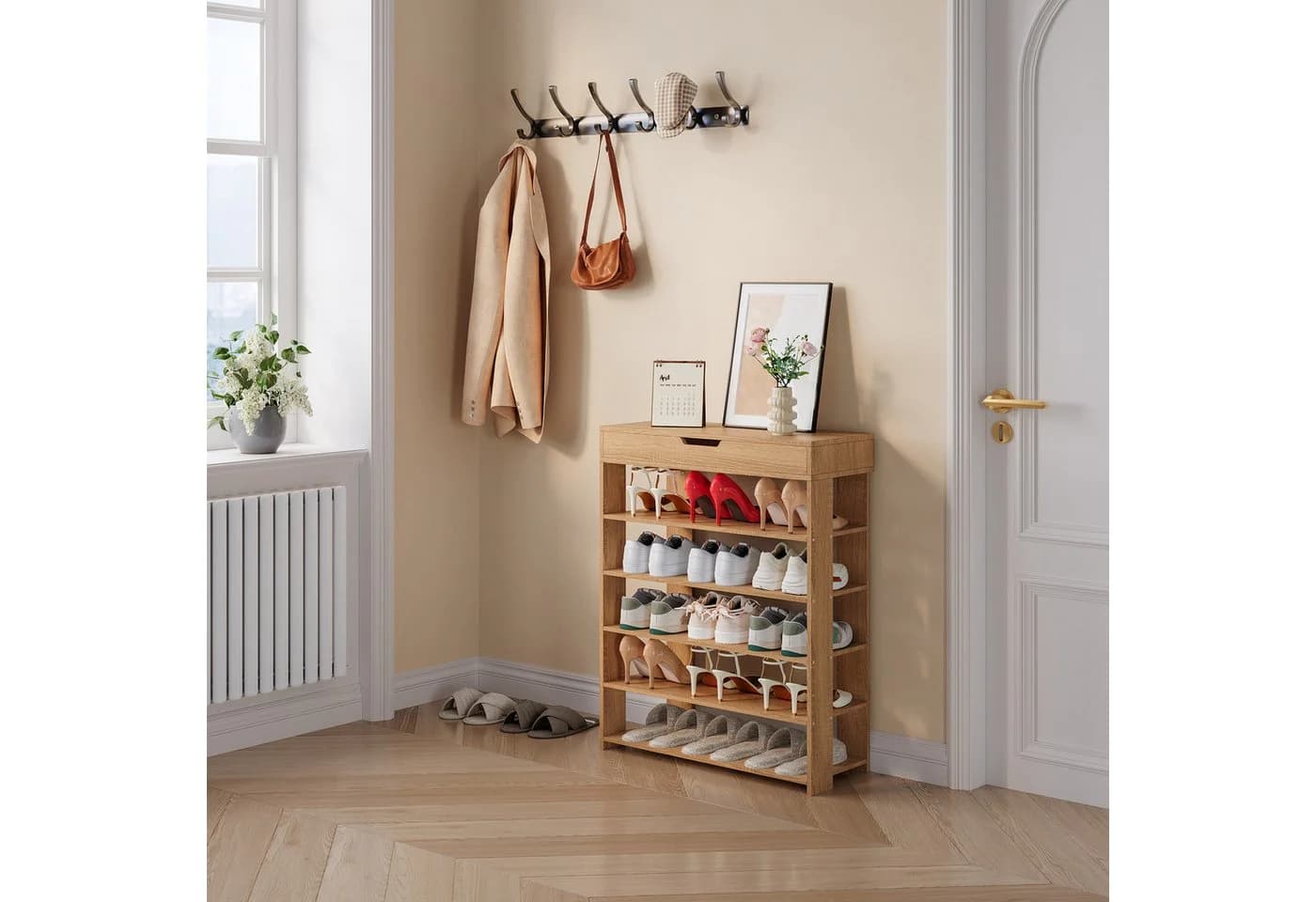 en.casa Schuhregal Boppeelo mit Schublade 5 Ablagen Sonoma-Eicheoptik