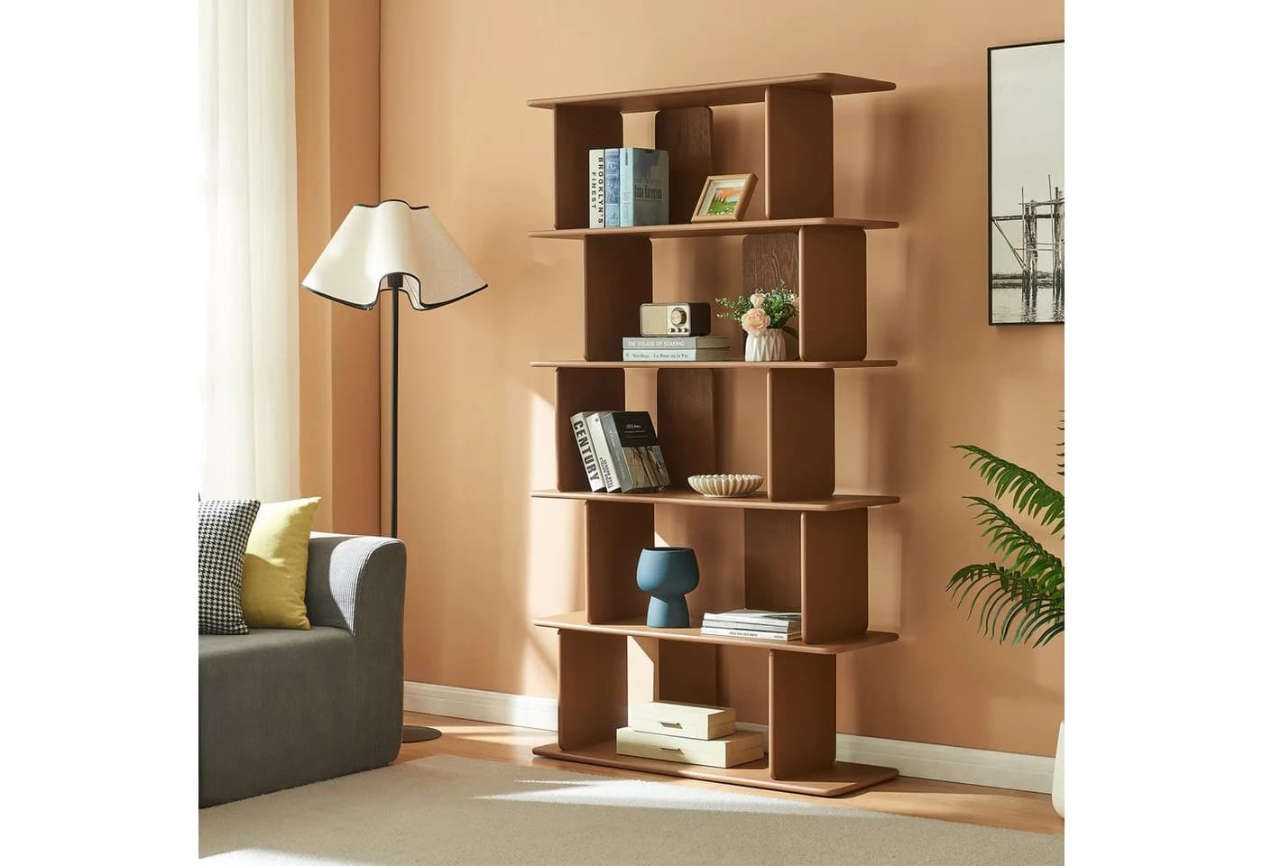 en.casa Bücherregal Gäljami 5 Fächer Walnussoptik Modern