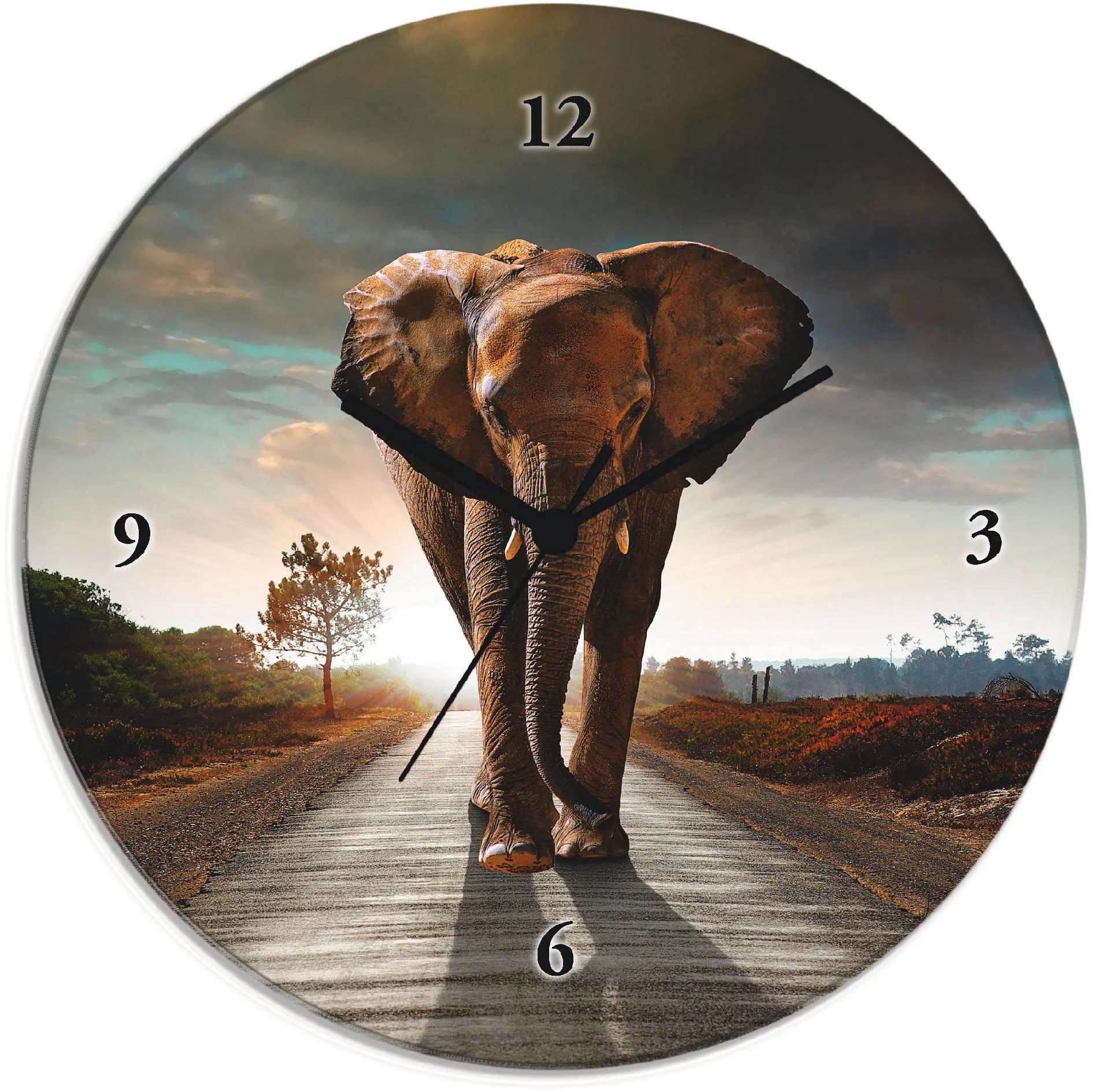 ARTLAND Wanduhr "Ein Elefant läuft auf der Straße" Braun Glas