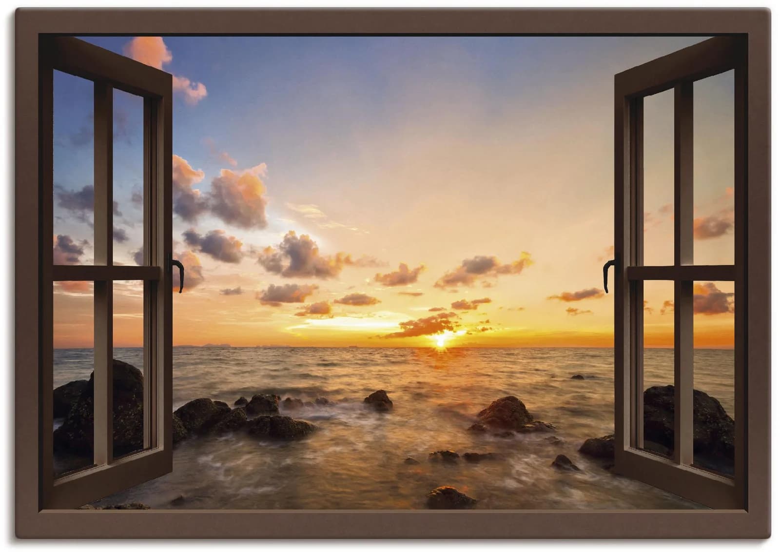 ARTLAND Leinwandbild Fensterblick Sonnenuntergang am Meer Braun
