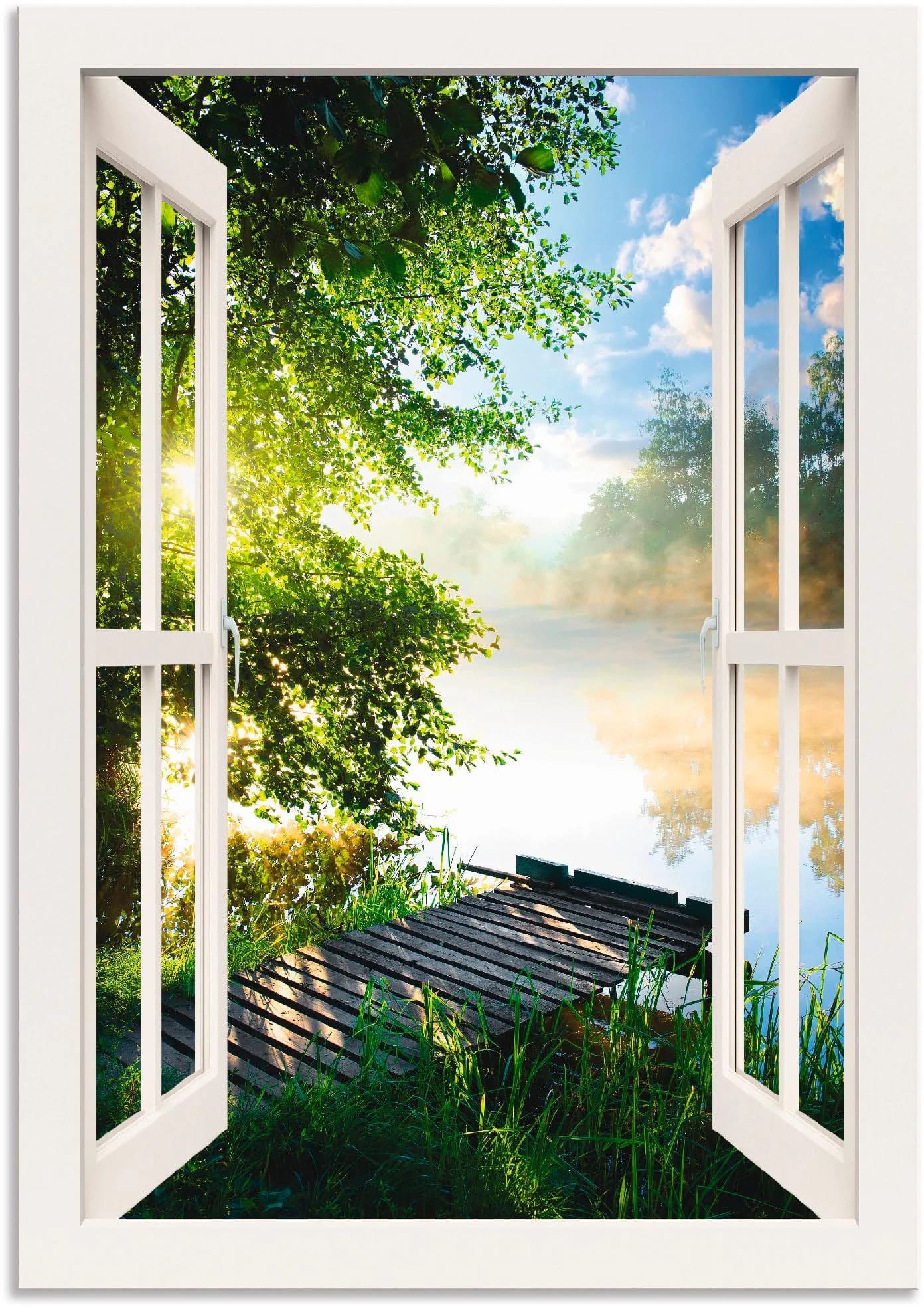 ARTLAND Wandbild Fensterblick Angelsteg am Fluss Weiß
