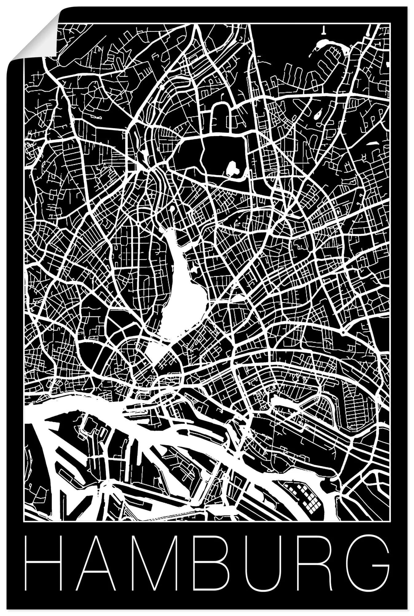 Wandbild Retro Karte Hamburg Deutschland Schwarz Alu-Dibond Bild