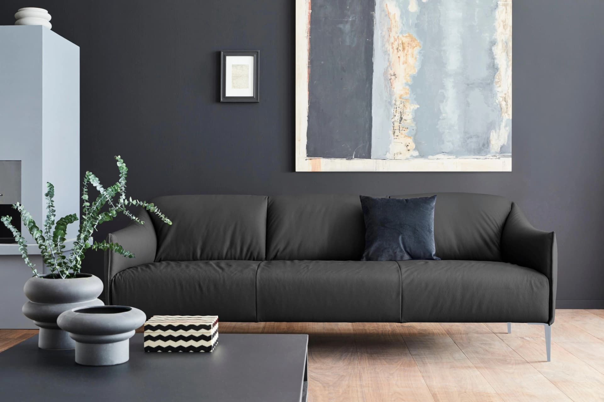 W.SCHILLIG Sally 3-Sitzer Ledersofa Schwarz Bronze Füße