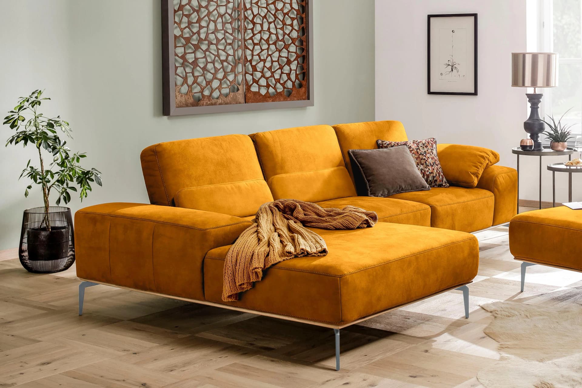 W.SCHILLIG Ecksofa run L-Form Gelb mit Sitztiefenverstellung