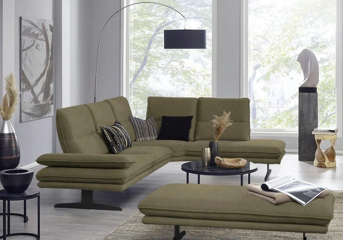 W.SCHILLIG Ecksofa Broadway L-Form Grün Longlife Leder Sitztiefenverstellung